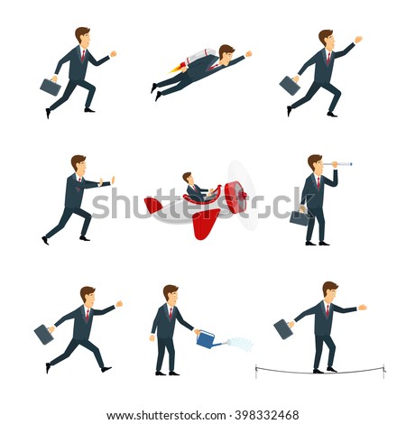 Vector Set of business people. Businessman walking to the success, businessman is in different situations. Vector illustration.