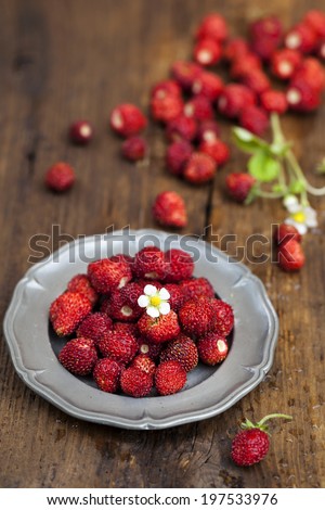 Alpine strawberries on the wooden board