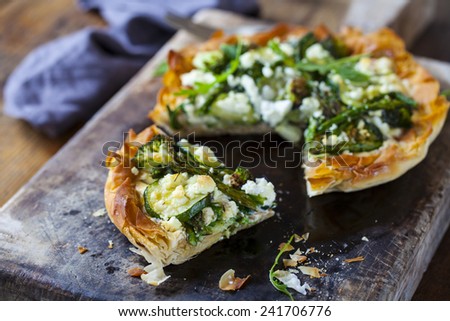 Filo pastry tart with asparagus, broccoli courgette and feta cheese
