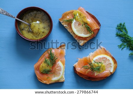 Nordic open sandwiches with salmon and mustard and dill sauce