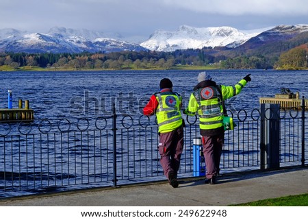Red cross workers at the Chill Swim event, Lake Windermere English Lake District Saturday 31st January 2015