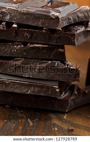 broken dark chocolate bar on a wooden table