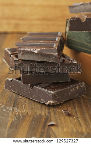 broken dark chocolate bar on a wooden table