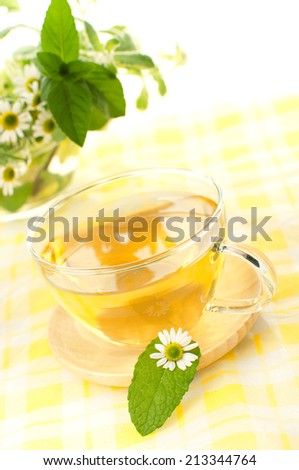hot herb tea with chamomile and mint