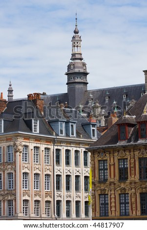 Buildings in Lille and a small tower of Chamber of Commerce building, Lille, France