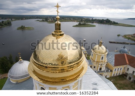 Gold domes of orthodox church in a monastery of Nil Stolbenskij lake Seliger, near Ostashkov, Russia, view from a belltower (2)