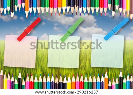 Paper color and wood clip note on Green rice field with Colour pencils frame
