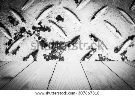 Abstract Black and White Old diamond steel plate background.  Diamond steel plate and Wood Texture for Background.