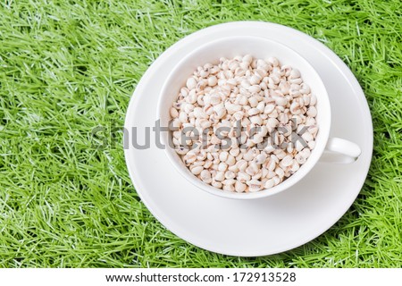 Job's tear in white ware on grass
