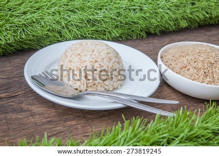 cooked jasmine brown rice on white plate with spoon and fork and background of raw jasmine brown rice in white bowl, on wooden table top decoration with green grass