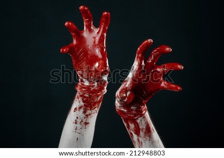 Bloody hands in white gloves, a scalpel, a nail, black background, zombie, demon, maniac