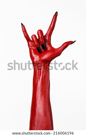 Red Devil's hands, red hands of Satan, Halloween theme,white background, isolated
