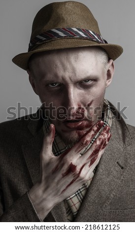 A man with a broken face with a hat, a man\'s face bloody, bloody hand injury face, broken nose, bleeding from the nose, white background, halloween theme, isolated