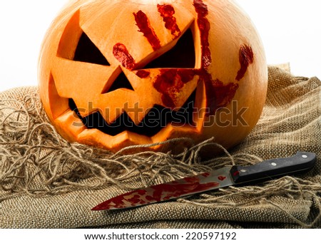 Bloody pumpkin, jack lantern, pumpkin halloween, halloween theme, pumpkin killer, bloody knife, bag, rope, white background, isolated