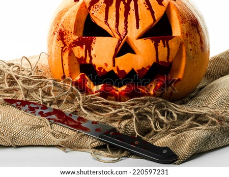 Bloody pumpkin, jack lantern, pumpkin halloween, halloween theme, pumpkin killer, bloody knife, bag, rope, white background, isolated
