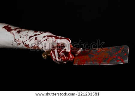 Bloody hand holding a large knife for meat, a bloody knife, chef killer, fear, horror, Halloween theme, a zombie theme, black background, isolated, killer with a knife