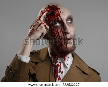 bald man with a broken head, a bloody man with a beard and mustache, a bloody man with a brown coat and a white shirt, a bloody knife, a bald man, a head injury, bloody theme, halloween theme, killer