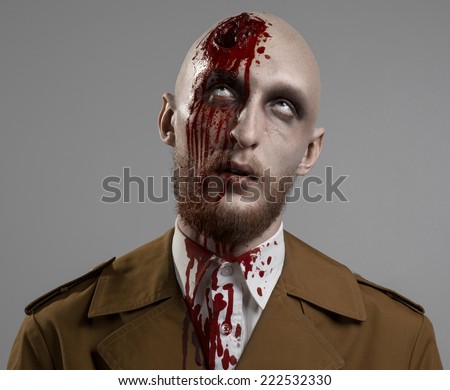bald man with a broken head, a bloody man with a beard and mustache, a bloody man with a brown coat and a white shirt, a bloody knife, a bald man, a head injury, bloody theme, halloween theme, killer