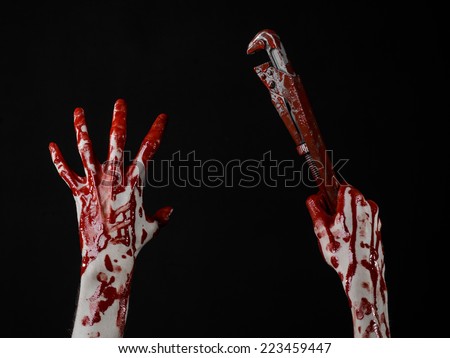 bloody hand holding an adjustable wrench, bloody key, crazy plumber, bloody theme, halloween theme, black background,isolated, bloody hand of an assassin, bloody murderer, psycho, bloody monkey wrench