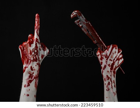 bloody hand holding an adjustable wrench, bloody key, crazy plumber, bloody theme, halloween theme, black background,isolated, bloody hand of an assassin, bloody murderer, psycho, bloody monkey wrench