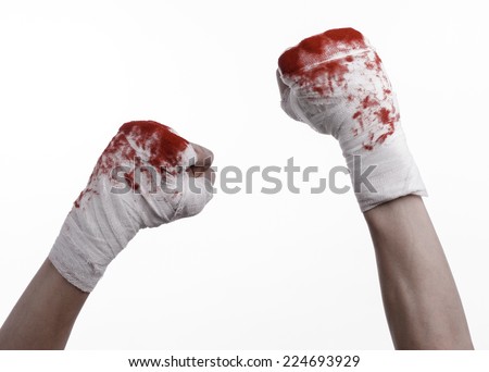 shook his bloody hand in a bandage, bloody bandage, fight club, street fight, violence, bloody theme, white background, isolated, bloody fists, boxer, tied his hands with a bandage