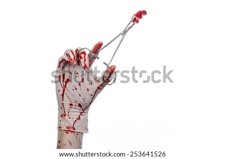 Surgery and medicine theme: doctor bloody hand in glove holding a bloody surgical clamp with swab and performs surgery on an isolated white background in studio