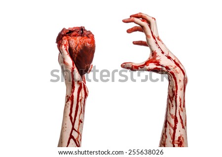Blood and Halloween theme: terrible bloody hand hold torn bleeding human heart isolated on white background in studio