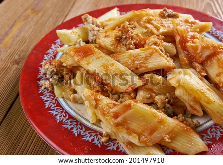 Penne pasta with a tomato bolognese beef sauce