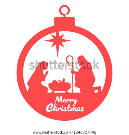 Birth of Christ. Baby Jesus in the manger. Holy Family. Magi. Star of Bethlehem - east comet. Nativity graphics design in Christmas ball. Merry Christmas card. Vector illustration.