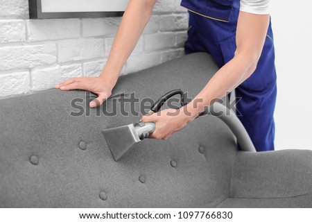 Dry cleaning worker removing dirt from sofa indoors