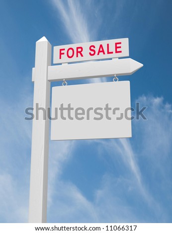 For sale real estate sign on wood post with hanging blank placard against blue sky with wispy clouds. Beveled sign post with realistic wood texture.