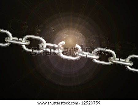 Weak chain breaks open with subtle golden light flare on black background.