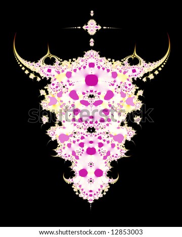 Abstract fractal design looks like cow or steer skull. Mottled pink on white with yellow accents.