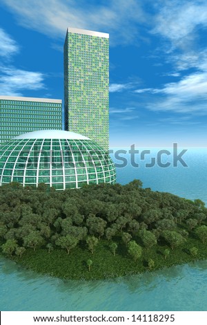 Green concept has biodome, trees on small island with futuristic buildings with blue water and sky.