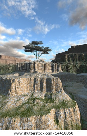 Single tree on rocky canyon ledge with surreal sky is nature concept illustration showing green recovery in an impossible harsh environment.