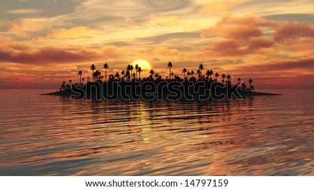 Golden sunset over tropical island in calm ocean.