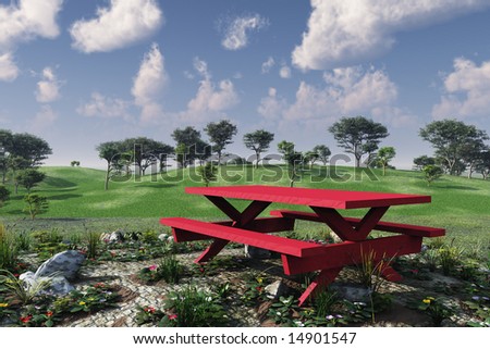 Red picnic table in summer in a park with rock garden, grassy hills, and trees. Big puffy clouds on blue sky.