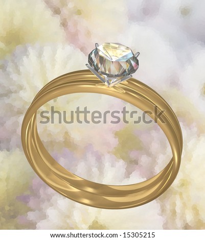 stock photo Gold wedding diamond ring set on flower background with 