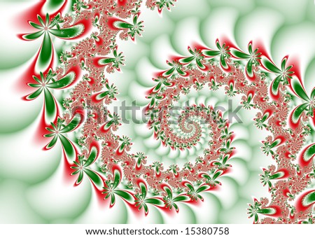 Abstract Christmas fractal wave in red, green, and white with flowers as accents.