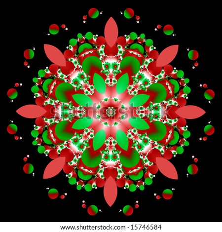 Christmas holiday petals colors of red, green and white on pure black background,. Modern fractal design, it is an abstract interpretation of an old time doily.