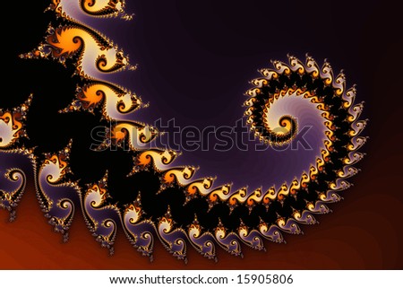Fractal paisley abstract in dark autumn shades. Large curl has golden colors along with insets of eggplant or aubergine. Elegant style and fine detail.