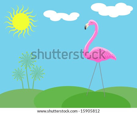 Pink plastic lawn flamingo has wire legs and stands on little hills with stylish weeds. Blue sky, blazing sun, and little clouds. Vector format available.