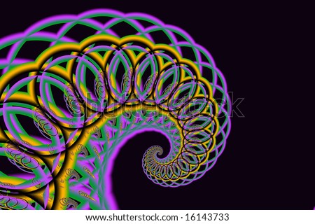 Fractal wave spiral in Mardi Gras colors of purple, yellow, and green on pure black background.