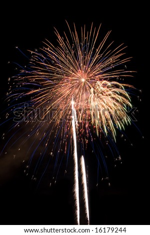 Multiple fireworks burst in copper colors with fine blue light trails on black night sky.