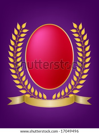 Gold laurel leaf wreath emblem with ribbon banner surrounds rich red oval jewel on regal purple background. Good for product label use.
