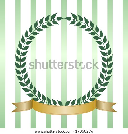 Simple green laurel leaf wreath with blank gold ribbon banner forms a round crest or insignia. Good for product label.