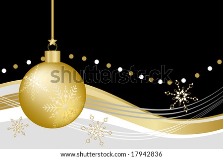 Gold Christmas ball ornament with snowflakes against black, gold, white, and gray abstract background,