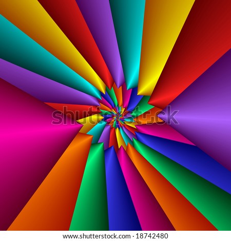 Bright rainbow of abstract cones with gradients form a vivid pinwheel.
