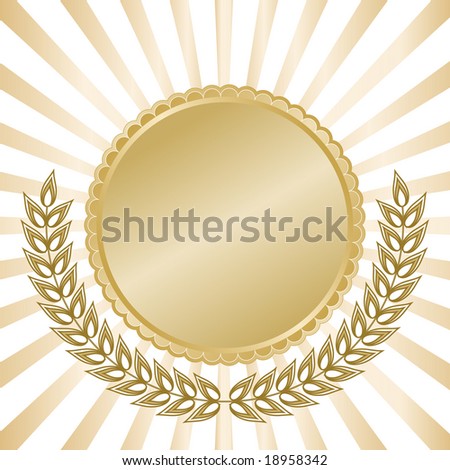 Blank gold seal with laurel leaves and glowing rays in background for anniversary or commemorative use.