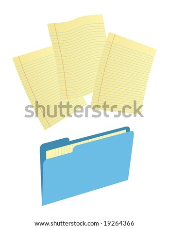 Blue file folder with sheets of yellow ruled paper flying in air.